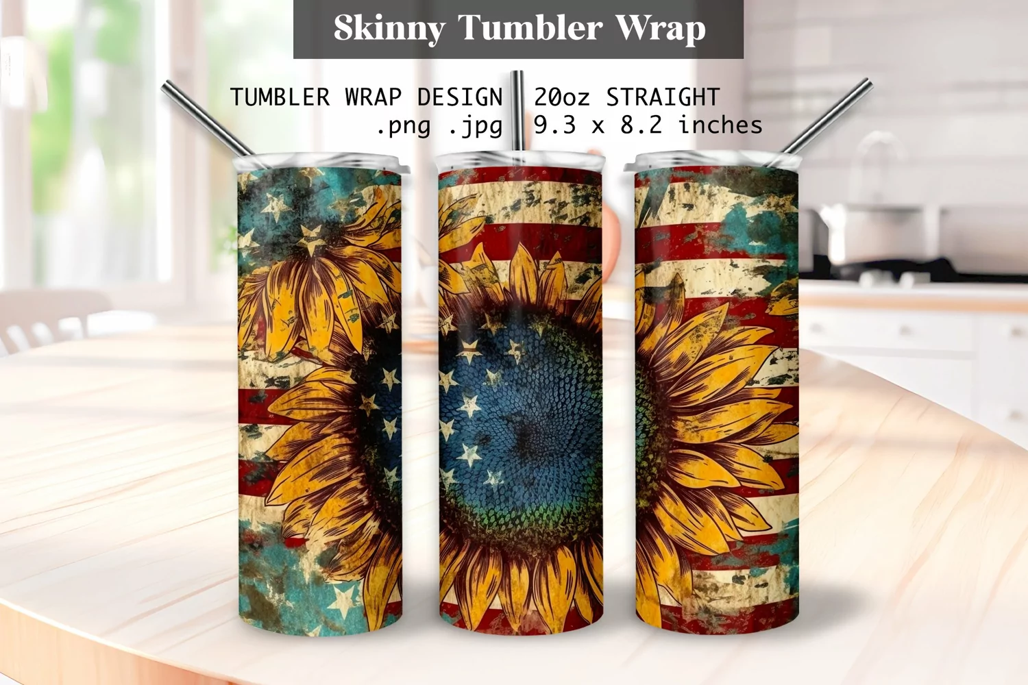 4th of July Sunflower Tumbler Wrap Design Sublimation Png product image 1