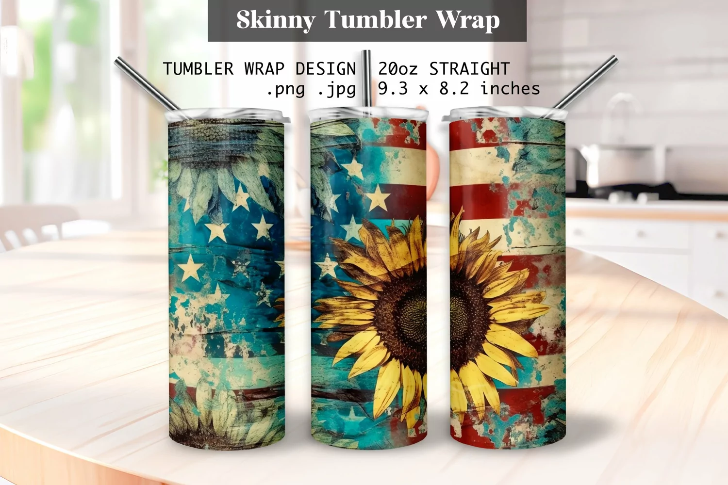 Sunflower American flag July 4th Tumbler Wrap Design Png product image 1