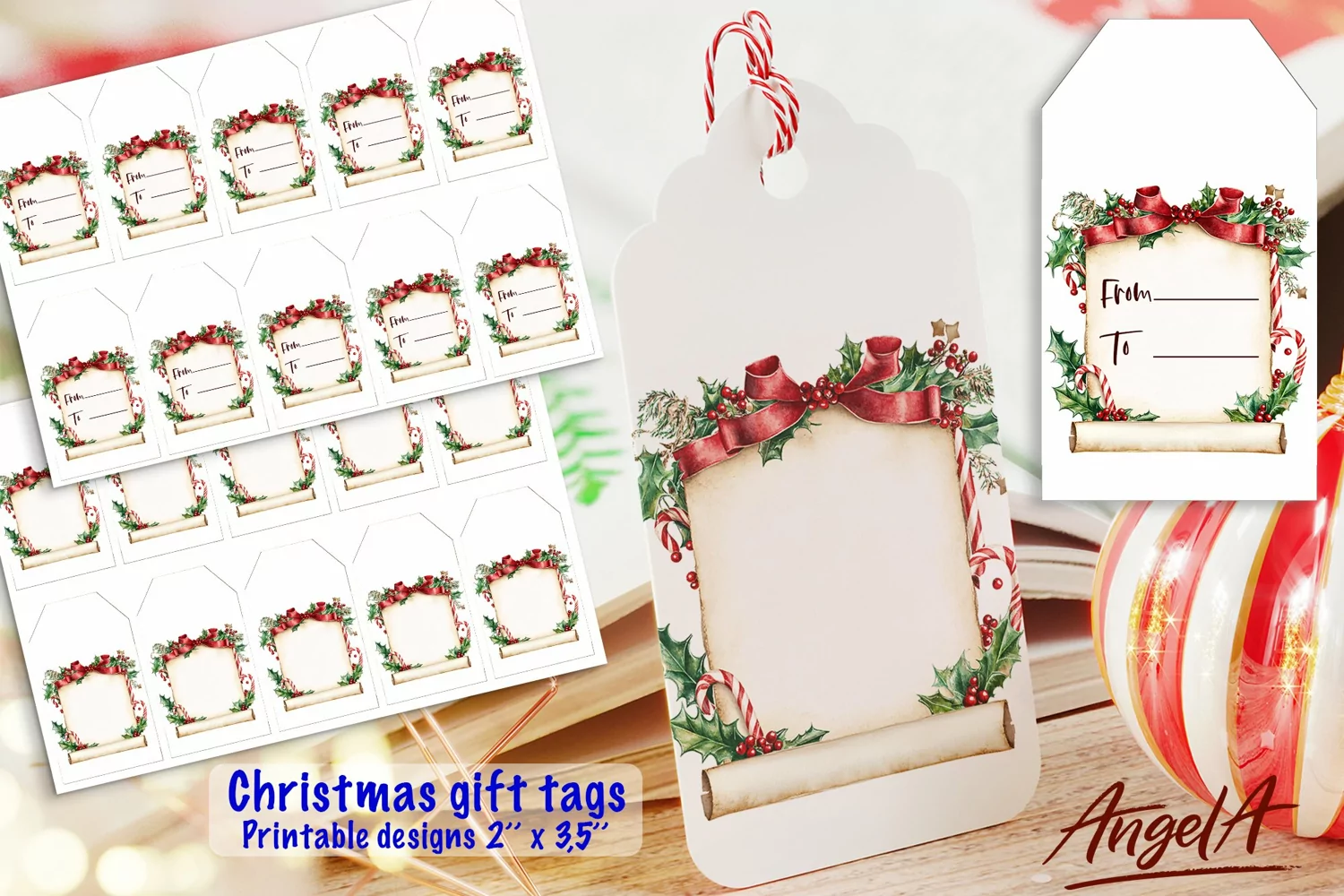 Christmas printable gift tag, papyrus, holly, candy cane product image 1