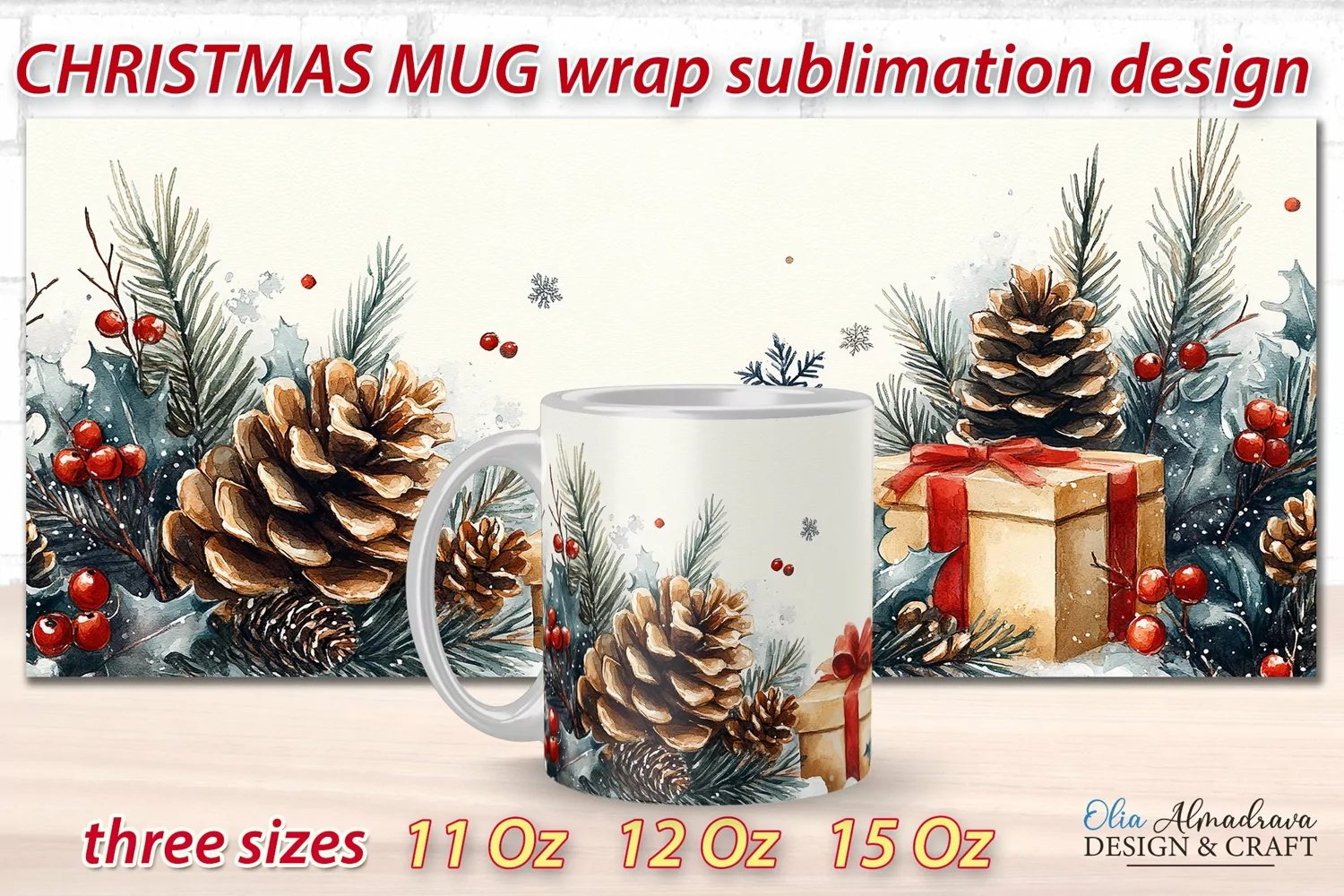 Beautiful festive Christmas wrap design for sublimation on 11Oz, 12Oz and 15Oz MUGS with cute watercolor patterns.