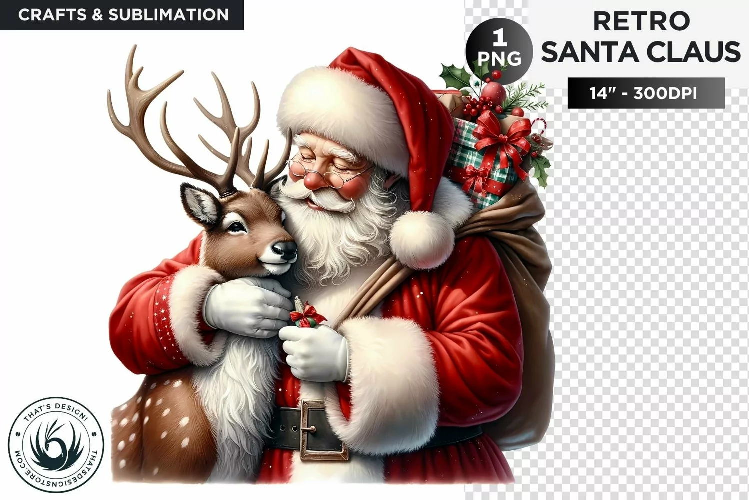 Emotional Santa claus with his reindeer Christmas PNG product image 1