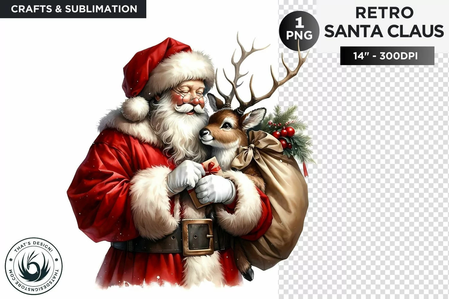 Emotional Santa claus with his reindeer Christmas PNG product image 1