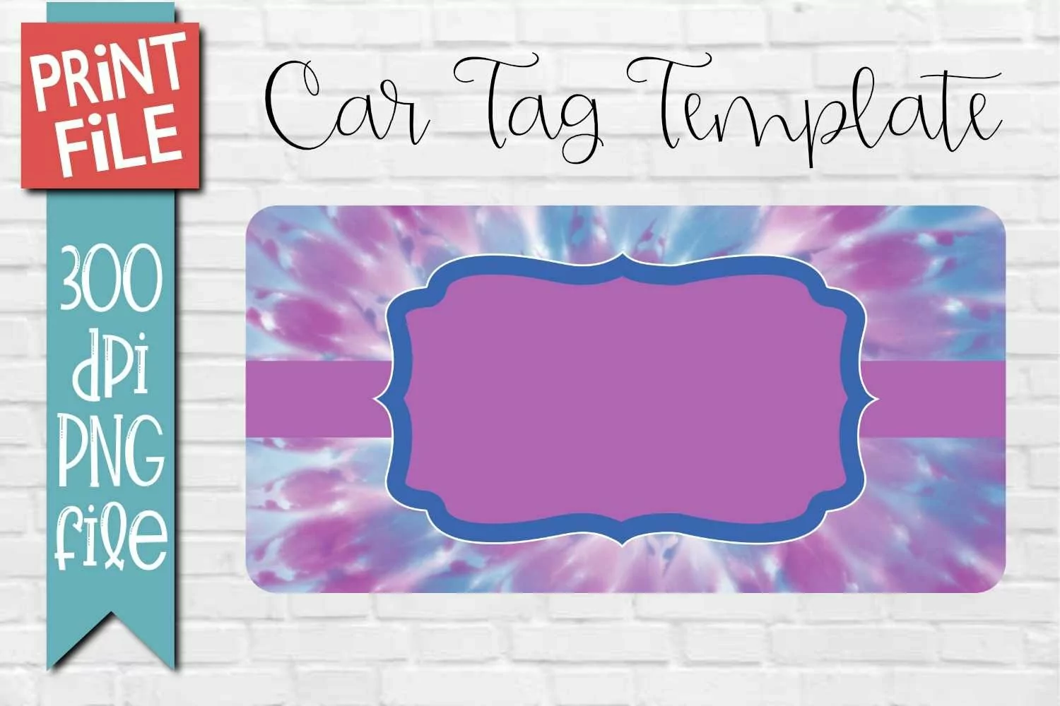 Blue and Purple Tie Dye Sublimation car tag template