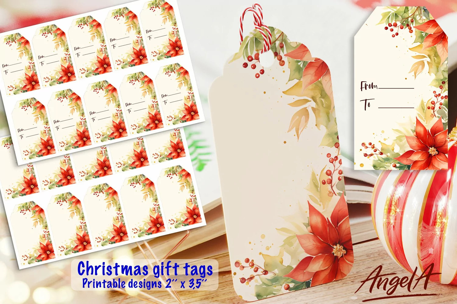 Christmas printable gift tag, red poinsettia, papyrus, holly product image 1