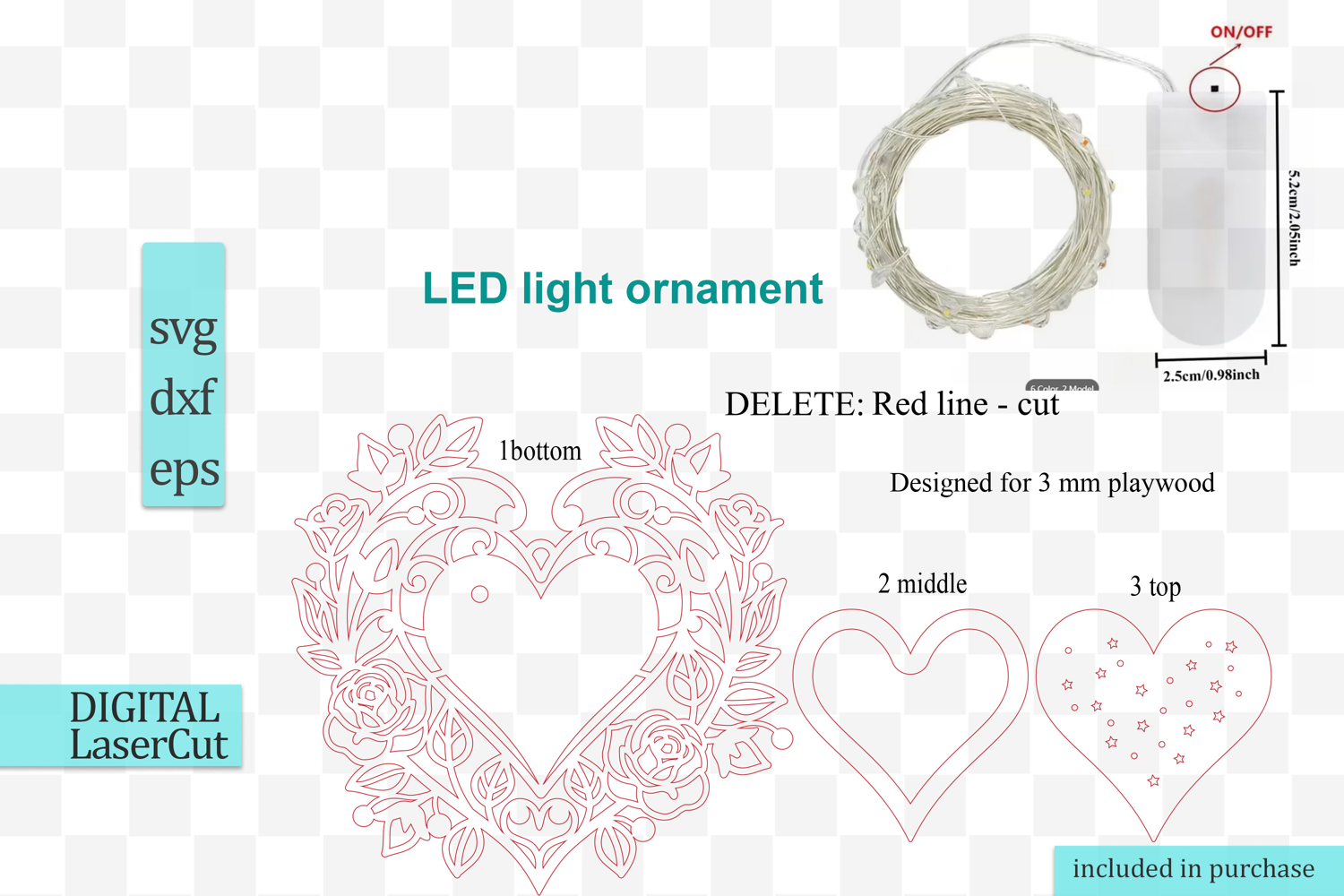Led light Heart ornament svg Laser cut Template product image 1