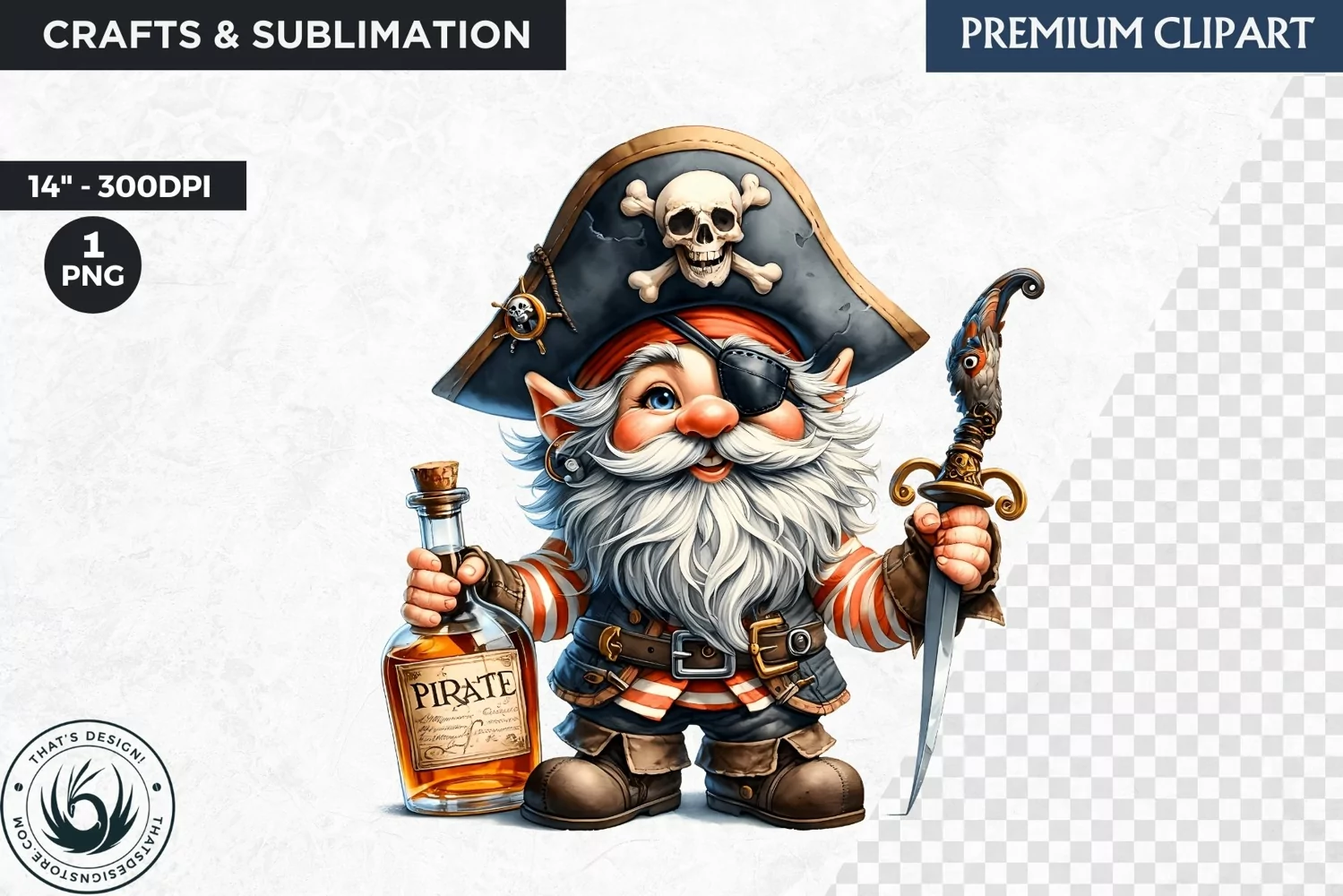 Vintage Pirate Gnome clipart, Corsair Gnome sublimation, PNG product image 1