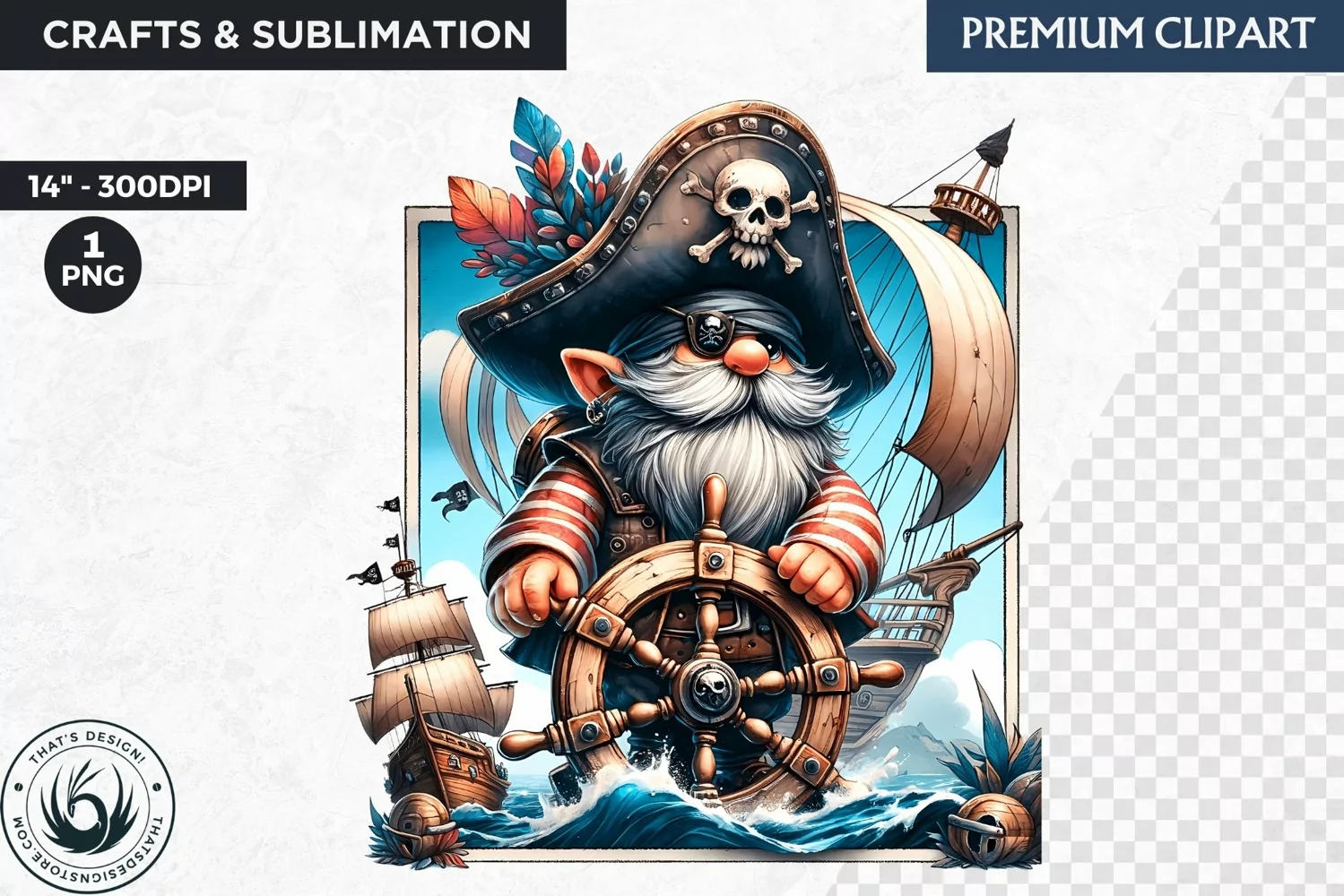 Vintage Pirate Gnome clipart, Corsair Gnome sublimation, PNG product image 1