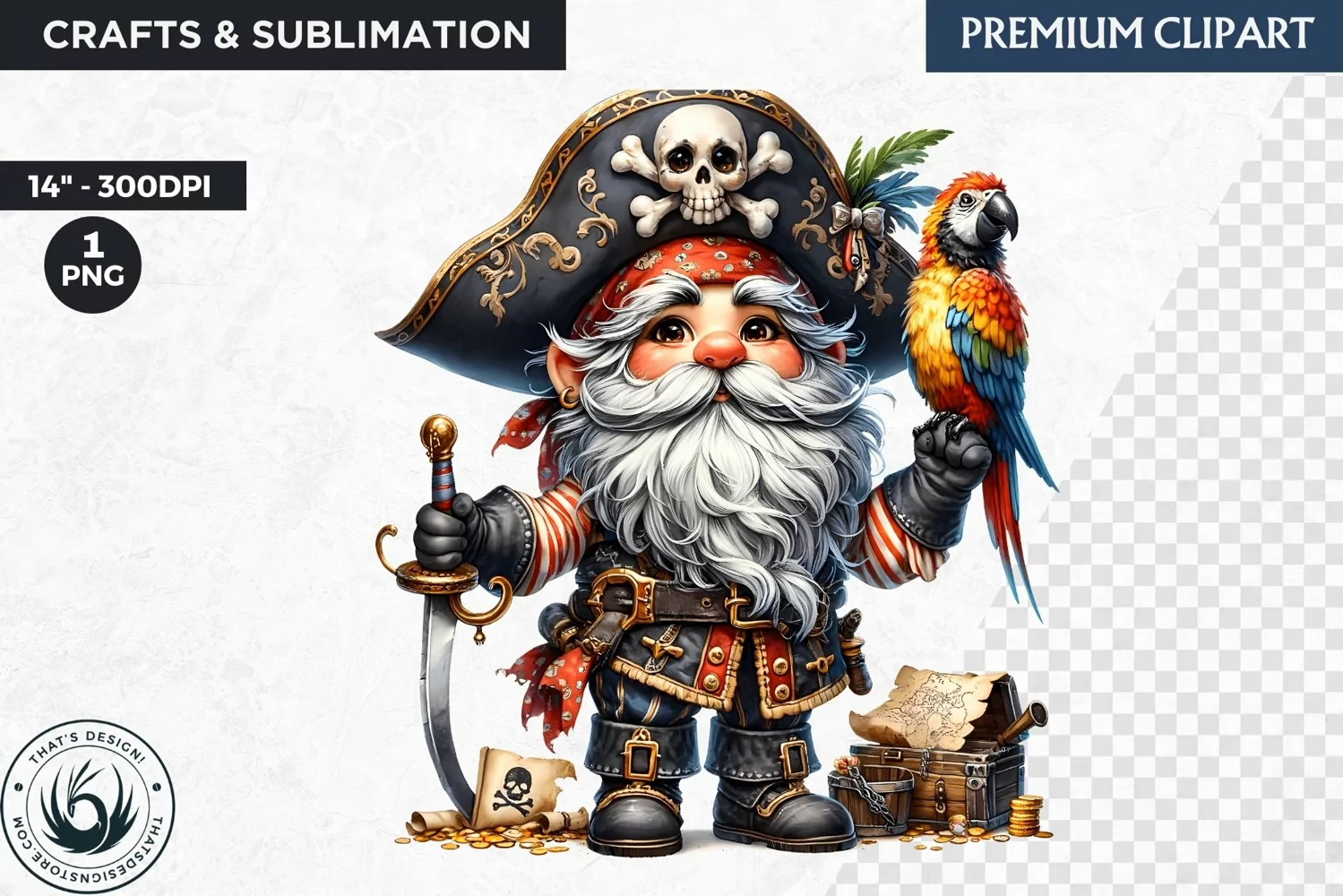 Vintage Pirate Gnome clipart, Corsair Gnome sublimation, PNG product image 1