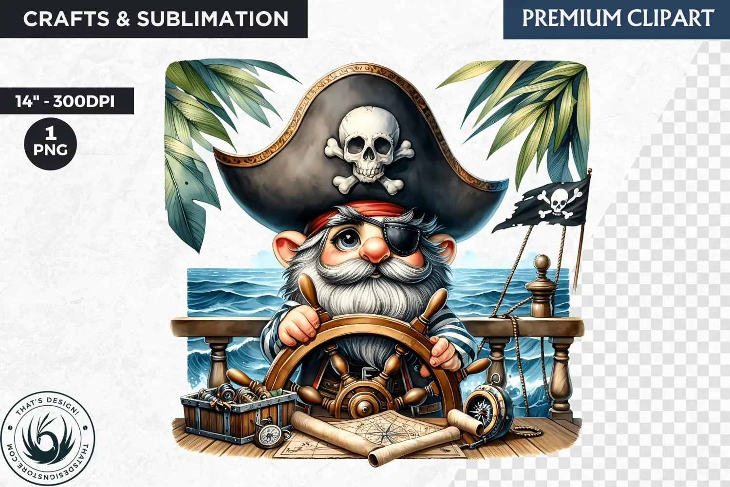Vintage Pirate Gnome clipart, Corsair Gnome sublimation, PNG product image 1