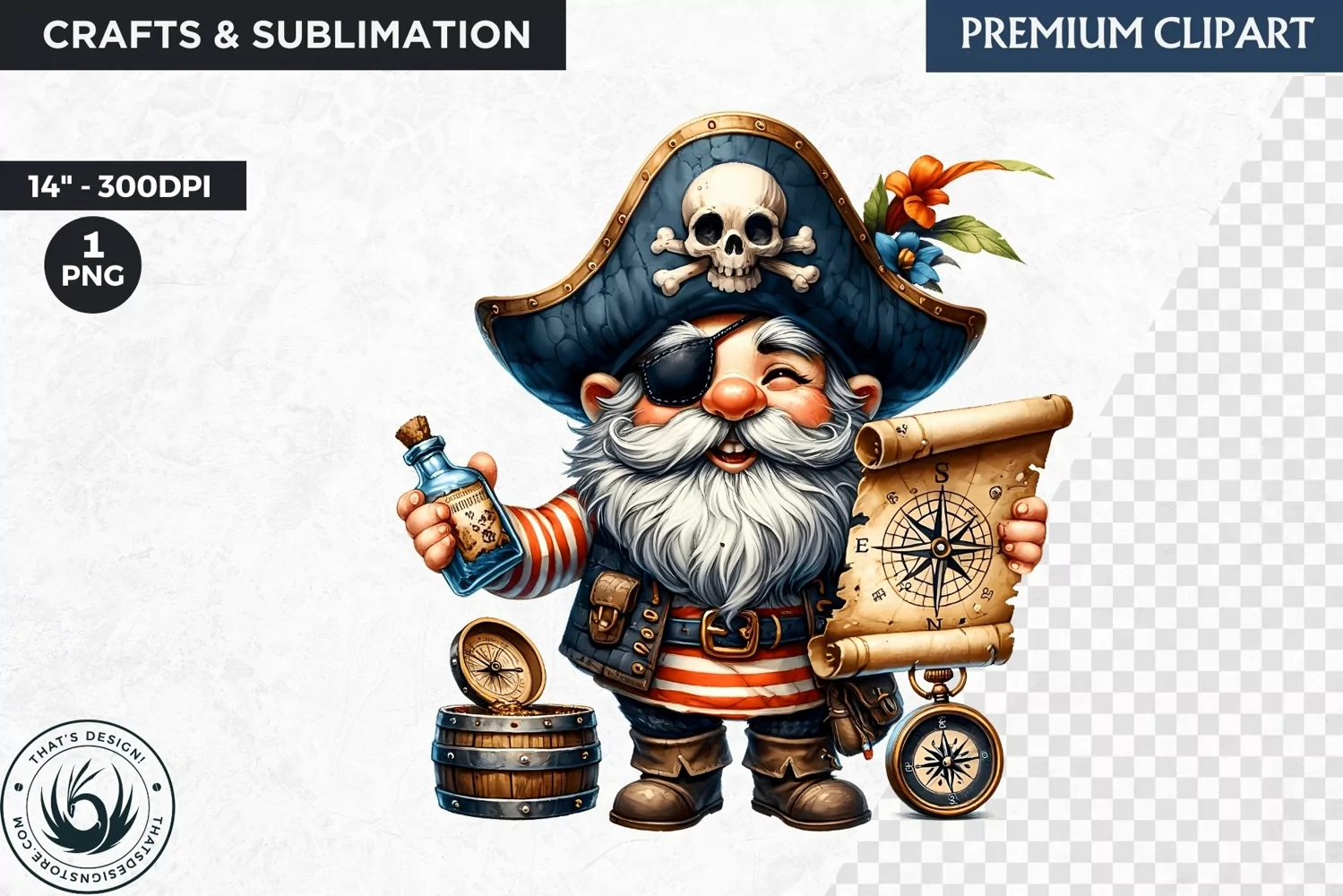 Vintage Pirate Gnome clipart, Corsair Gnome sublimation, PNG product image 1