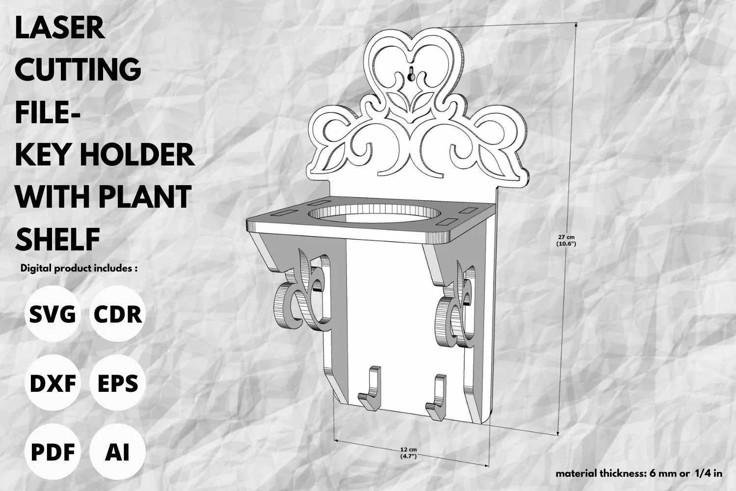 Key Holder with Plant Shelf - SVG - Laser cutting file product image 1