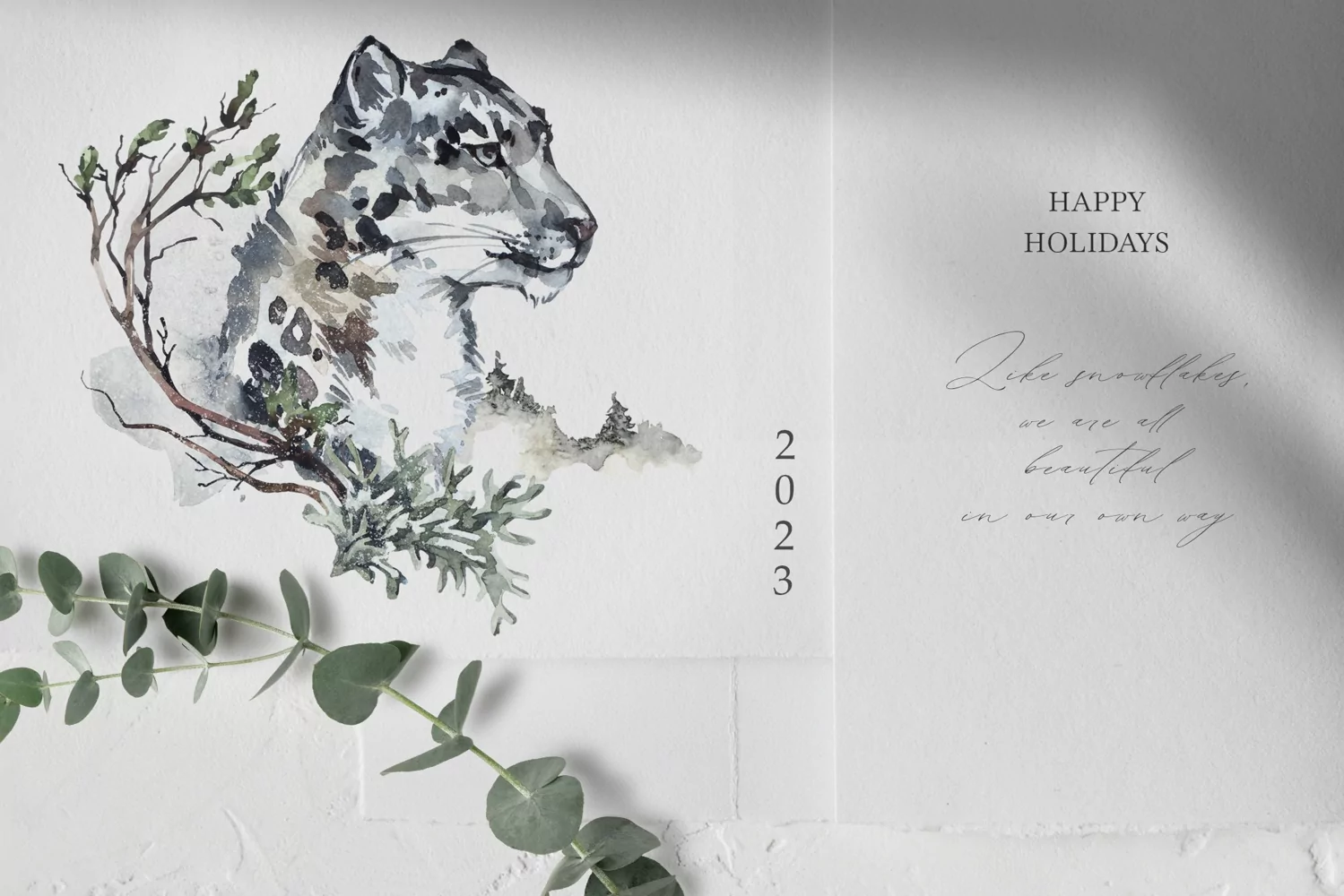 SNOW LEOPARD & FIR BRANCHES. Watercolor winter sublimation. product image 1