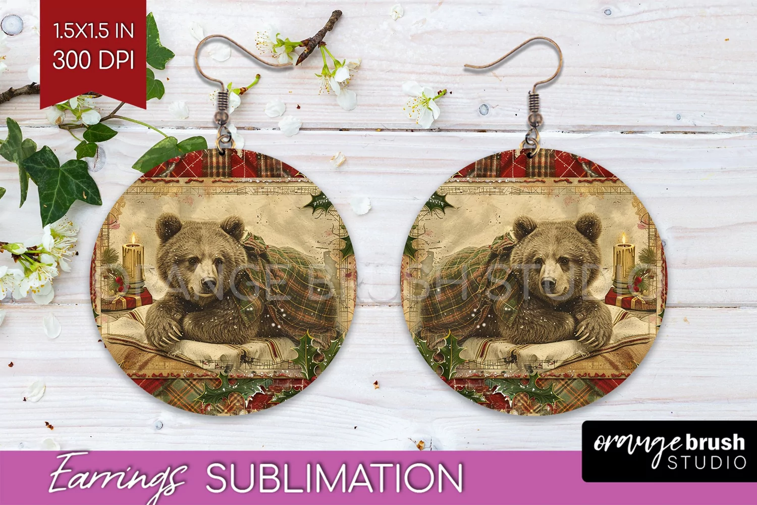 Vintage Christmas Round Earrings - Retro Xmas Sublimation product image 1