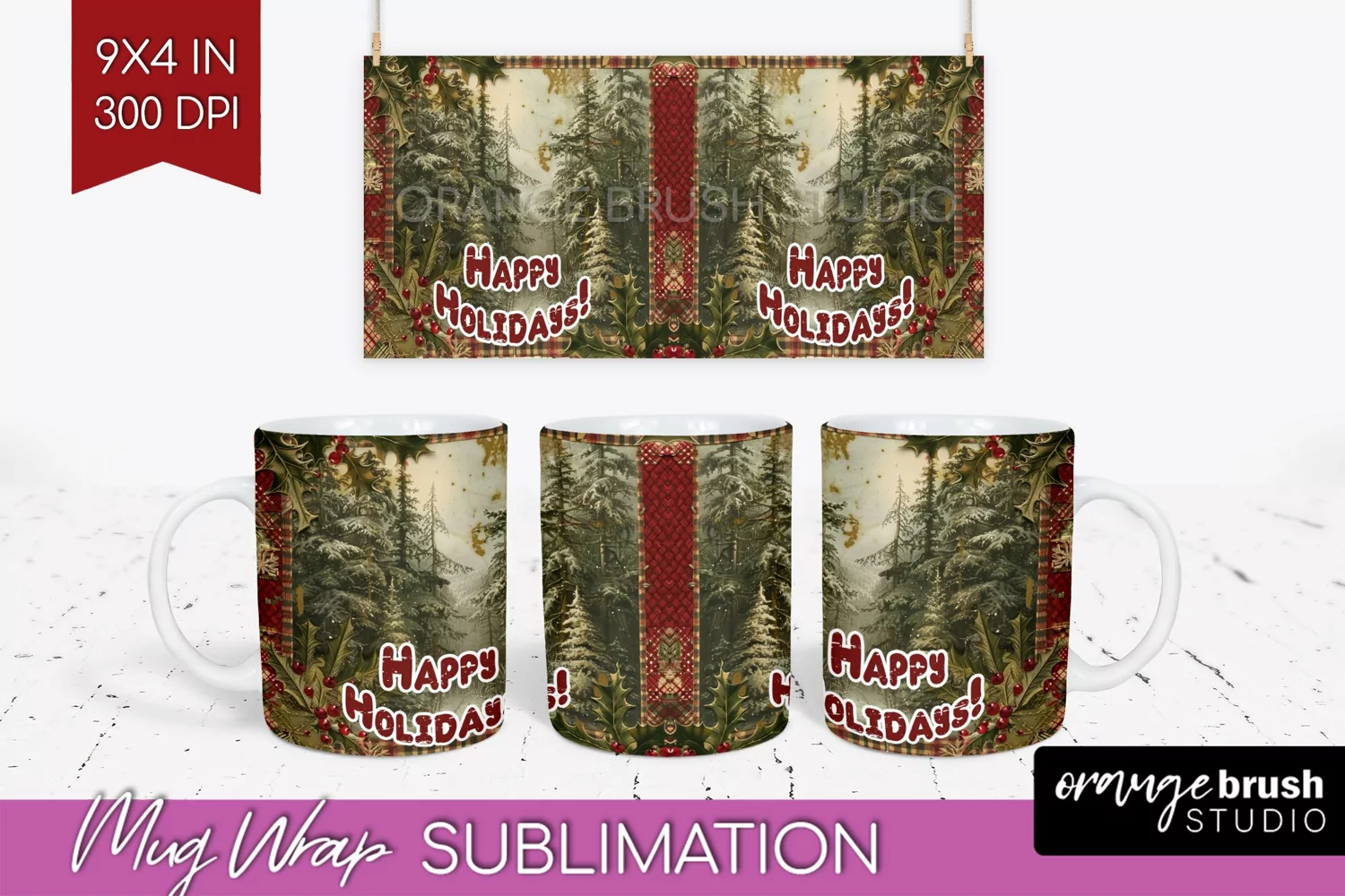 Vintage Christmas Mug Wrap - Retro Xmas 15Oz Mug Sublimation product image 1