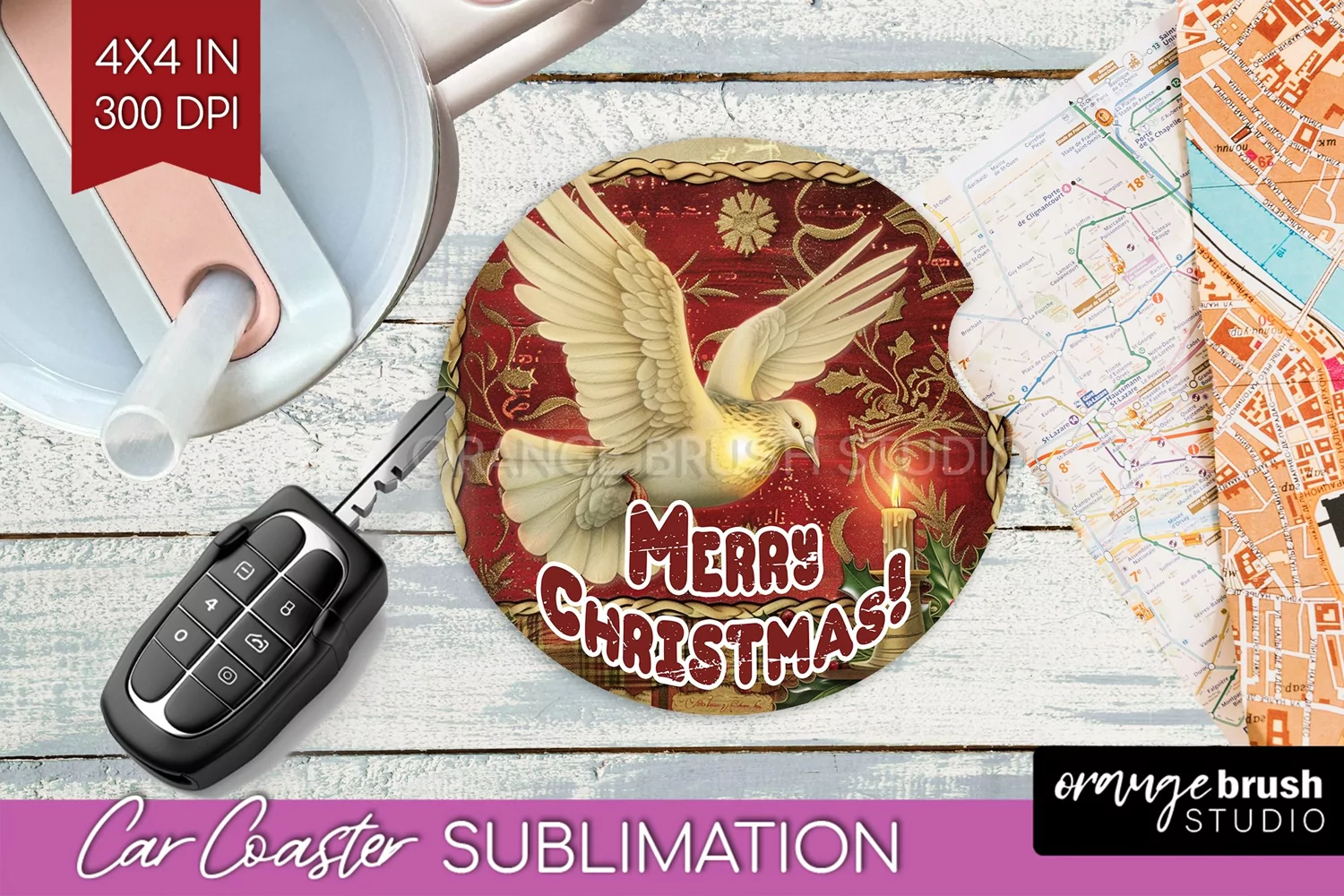 Vintage Christmas Car Coaster PNG - Xmas Coaster Sublimatoin product image 1