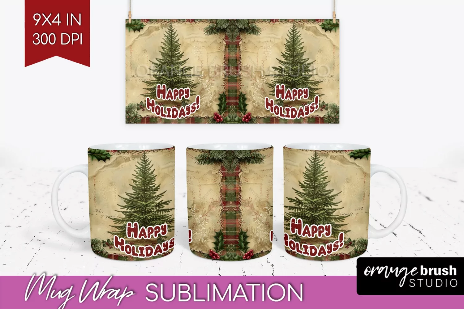 Vintage Christmas Mug Wrap - Retro Xmas 15Oz Mug Sublimation product image 1