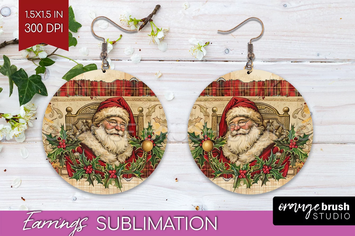 Vintage Christmas Round Earrings - Retro Xmas Sublimation product image 1