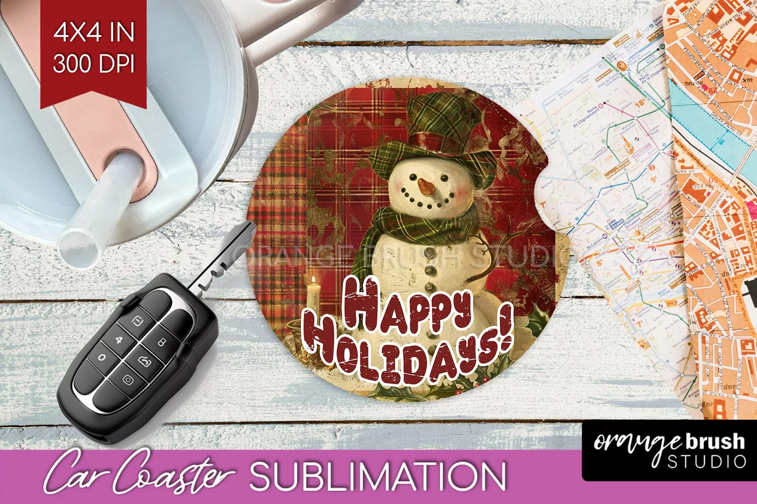 Vintage Christmas Car Coaster PNG - Xmas Coaster Sublimatoin product image 1