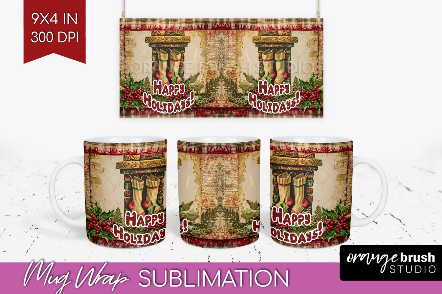 Vintage Christmas Mug Wrap - Retro Xmas 15Oz Mug Sublimation product image 1