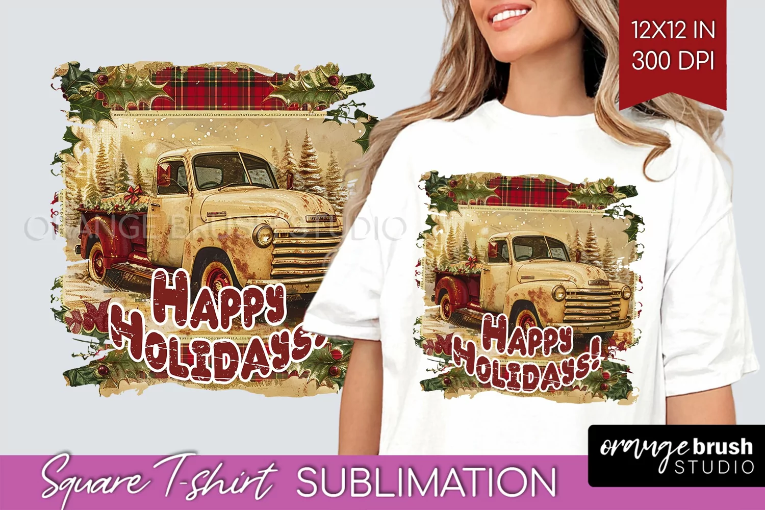 Vintage Christmas Sublimation, Xmas Square Tshirt Background product image 1