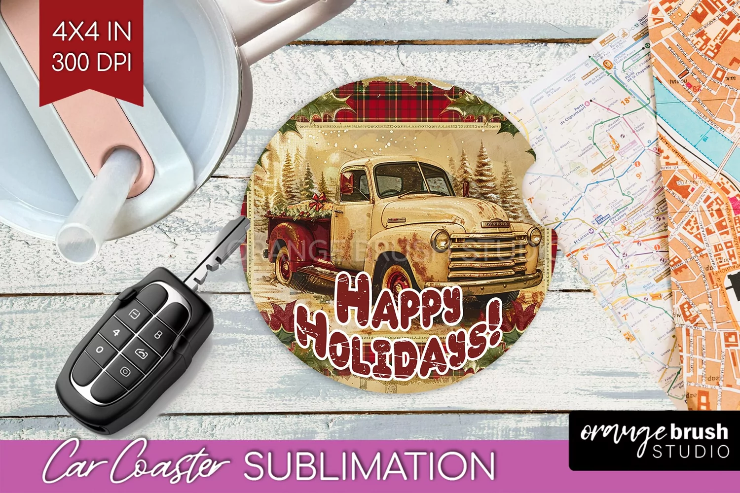 Vintage Christmas Car Coaster PNG - Xmas Coaster Sublimatoin product image 1