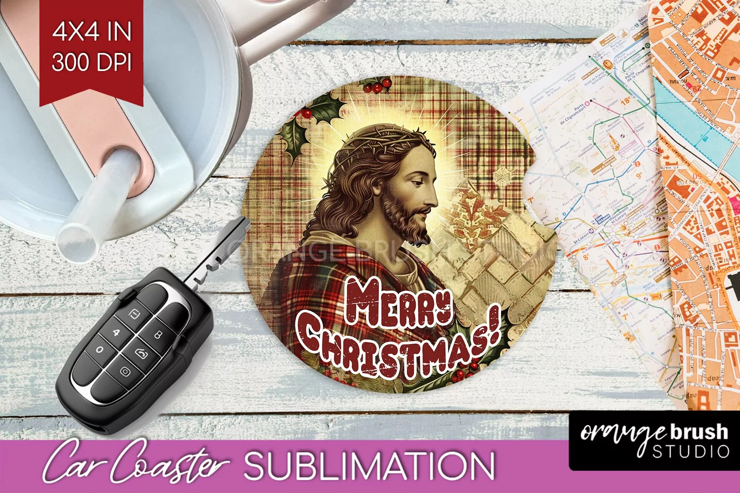 Vintage Christmas Car Coaster PNG - Xmas Coaster Sublimatoin product image 1