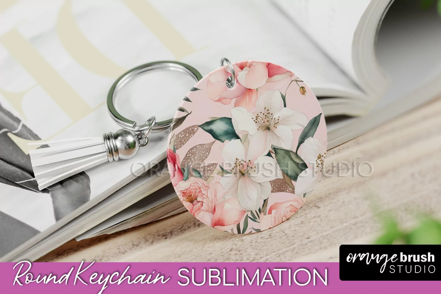 Pink Flowers Keychain, Floral Keychain Sublimation Design product image 1
