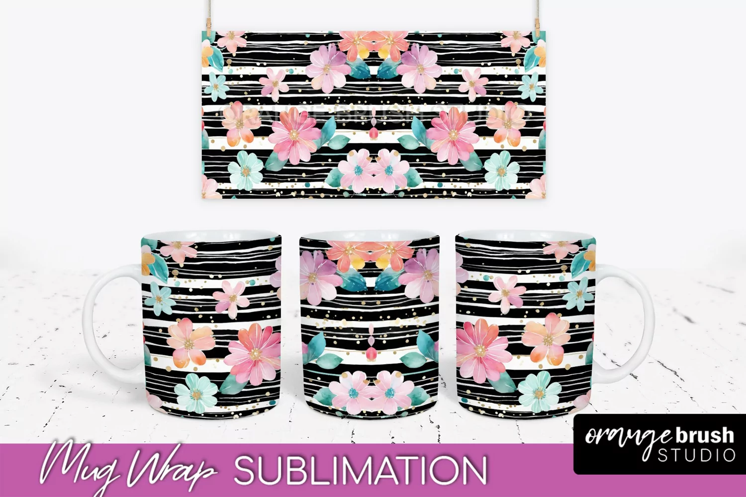 Pink Watercolor Flowers Mug Wrap - Floral Mug Sublimation product image 1