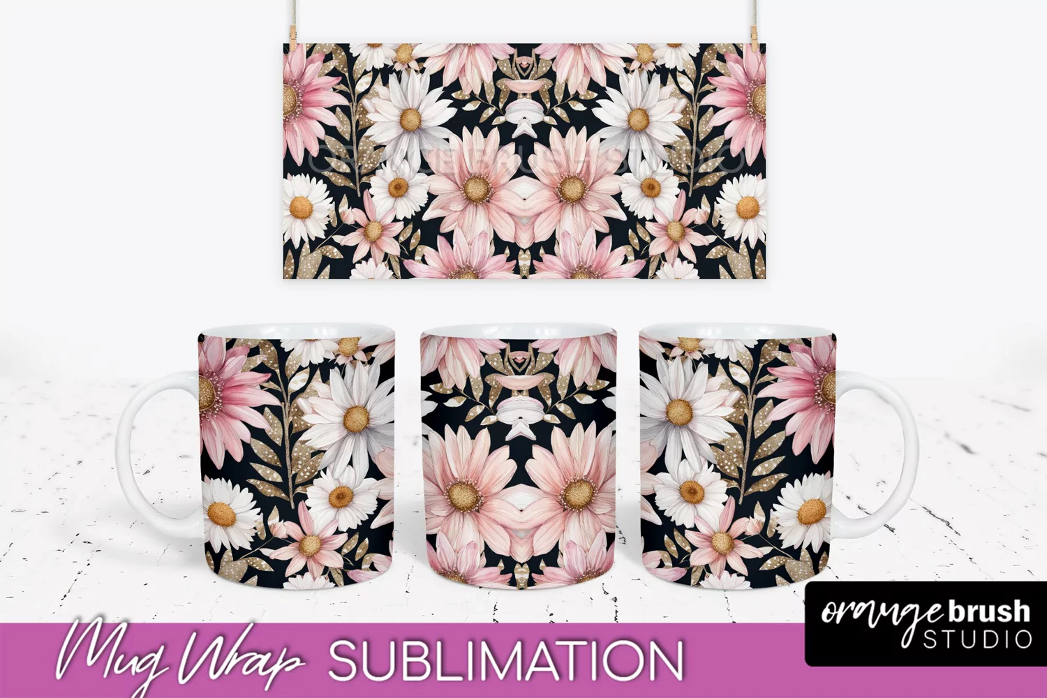 Pink Watercolor Flowers Mug Wrap - Floral Mug Sublimation product image 1