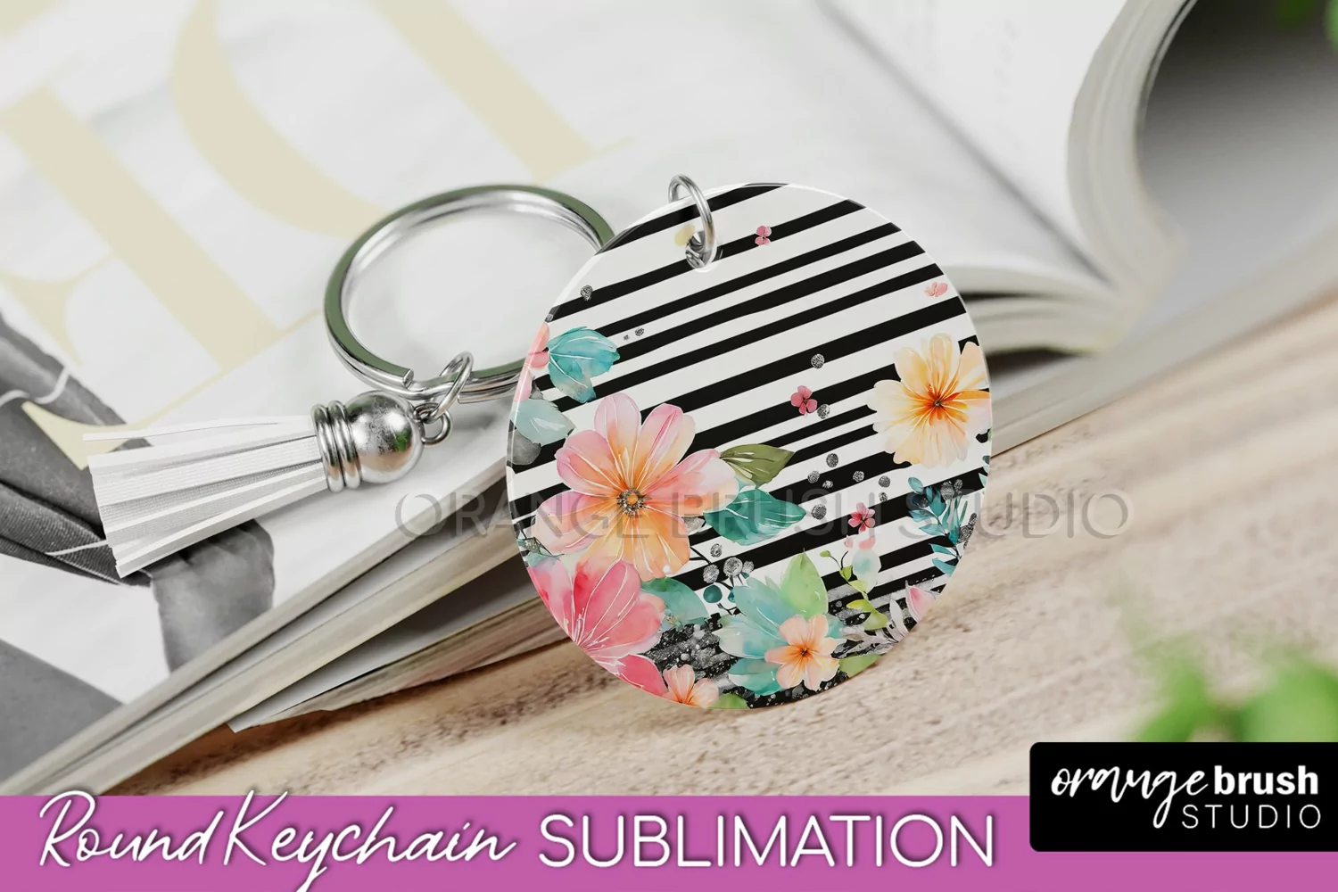 Pink Flowers Keychain, Floral Keychain Sublimation Design product image 1