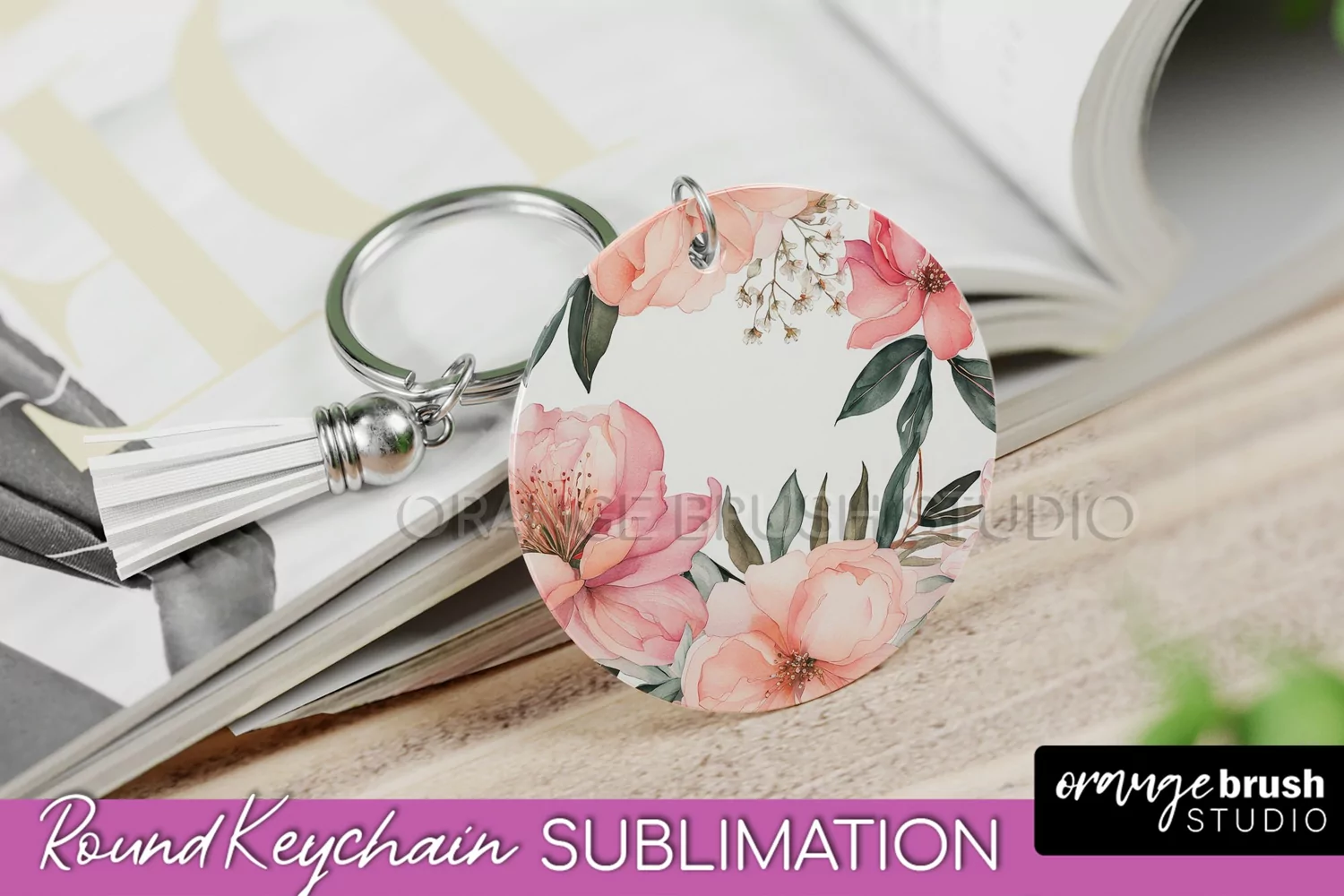 Pink Flowers Keychain, Floral Keychain Sublimation Design product image 1