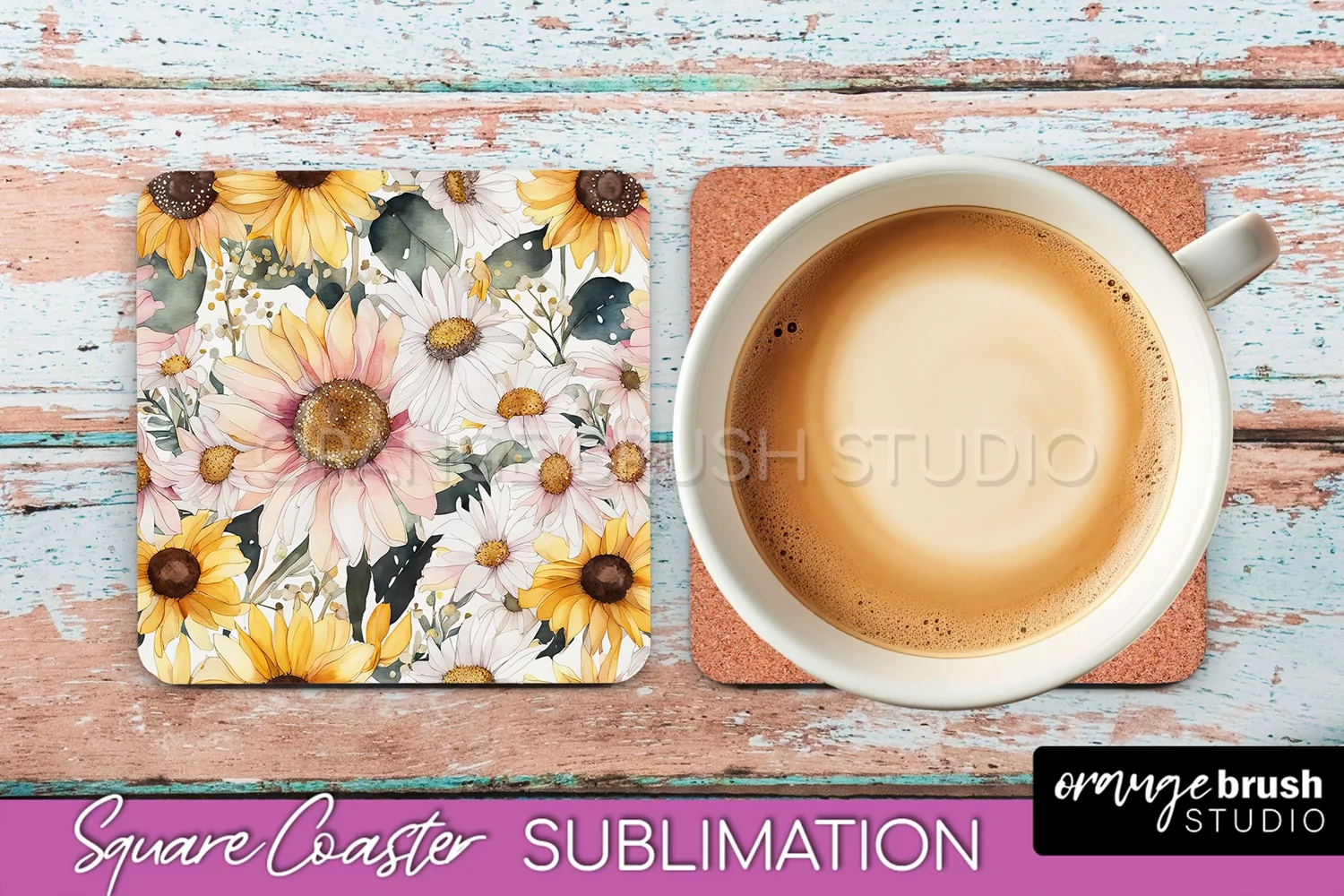 Watercolor Flowers Square Coaster - Floral Pink Sublimation product image 1