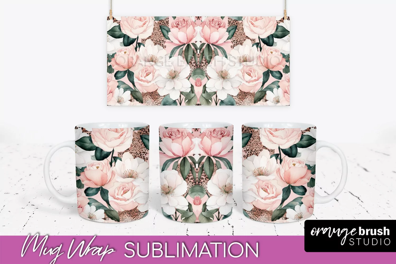 Pink Watercolor Flowers Mug Wrap - Floral Mug Sublimation product image 1