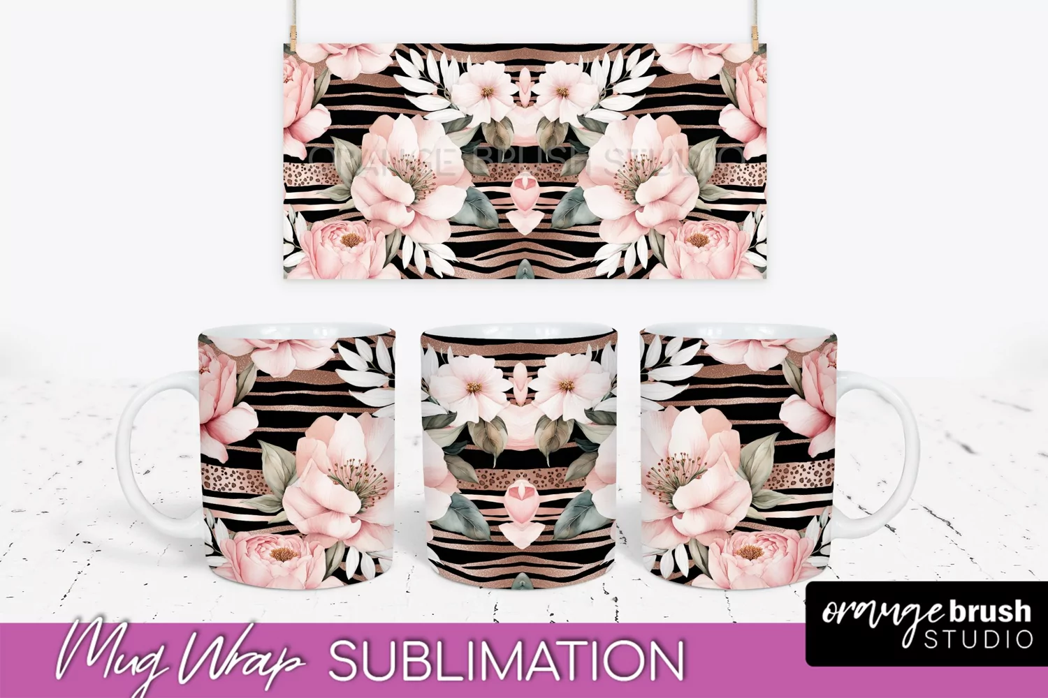 Pink Watercolor Flowers Mug Wrap - Floral Mug Sublimation product image 1
