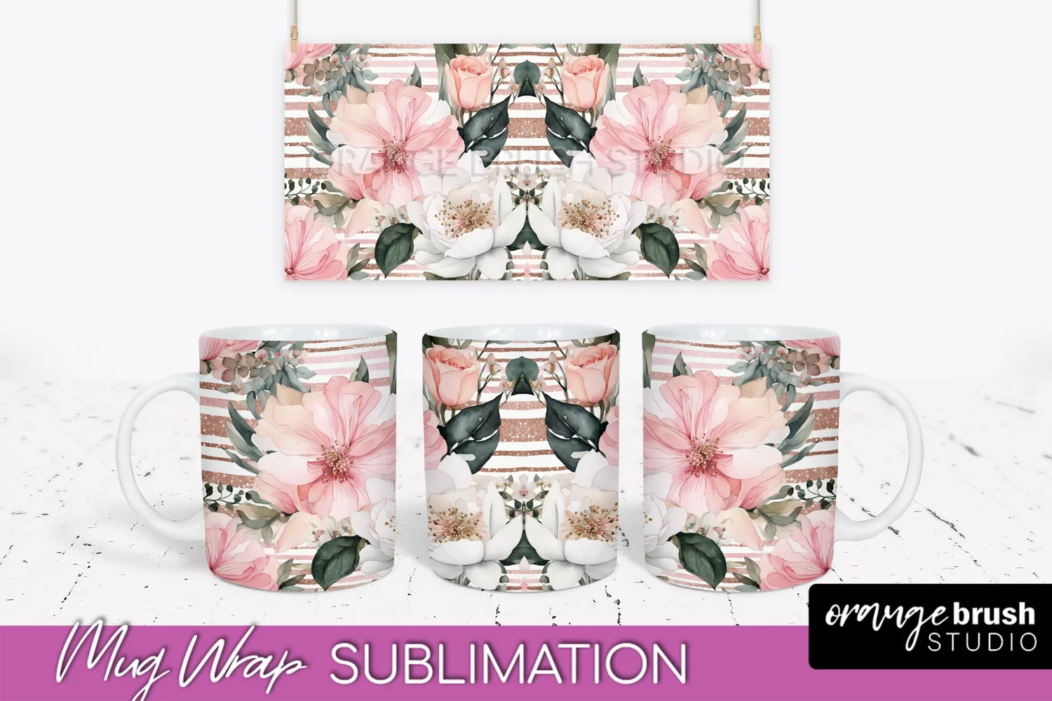 Pink Watercolor Flowers Mug Wrap - Floral Mug Sublimation product image 1