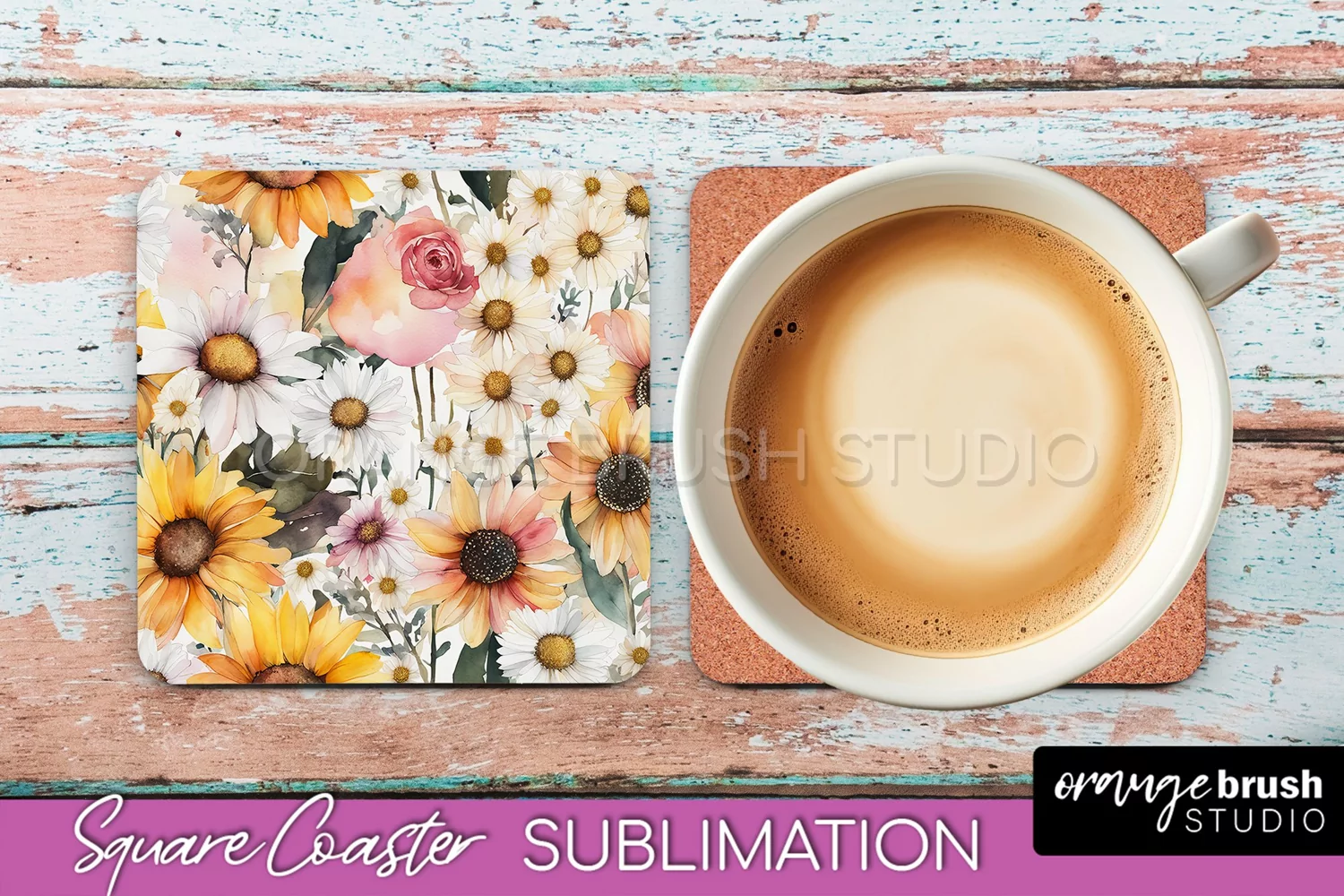 Watercolor Flowers Square Coaster - Floral Pink Sublimation product image 1