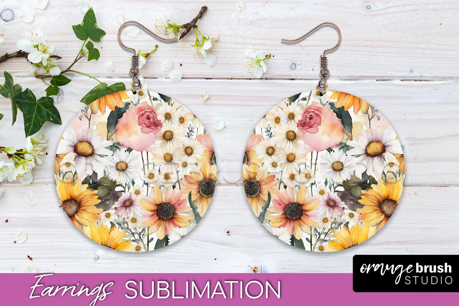Watercolor Flowers Earrings, Pink Floral Earring Sublimation product image 1