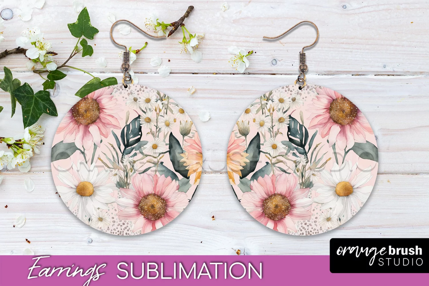 Watercolor Flowers Earrings, Pink Floral Earring Sublimation product image 1