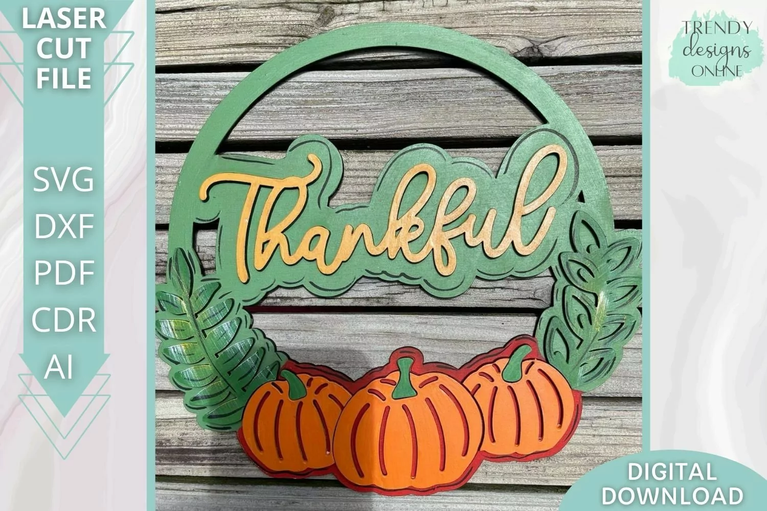 Thankful Pumpkin wreath door hanger Glowforge laser cut svg product image 1