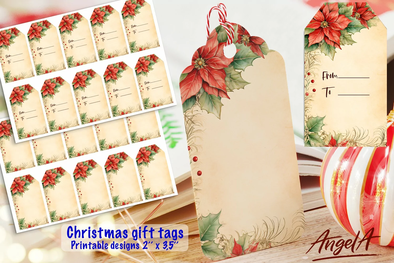 Merry Christmas printable tags, retro Christmas poinsettia product image 1