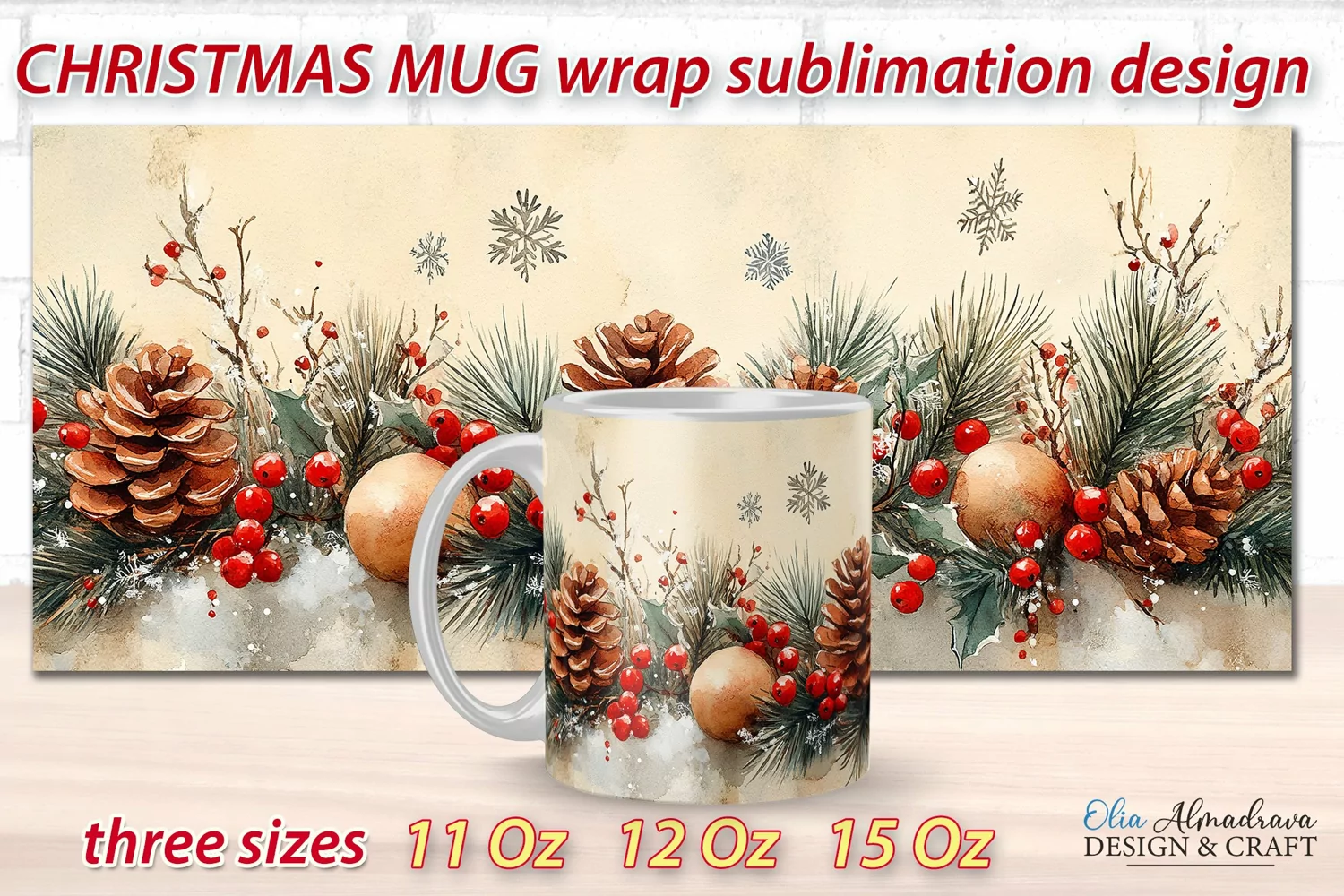 Beautiful festive Christmas wrap design for sublimation on 11Oz, 12Oz and 15Oz MUGS with cute watercolor patterns.