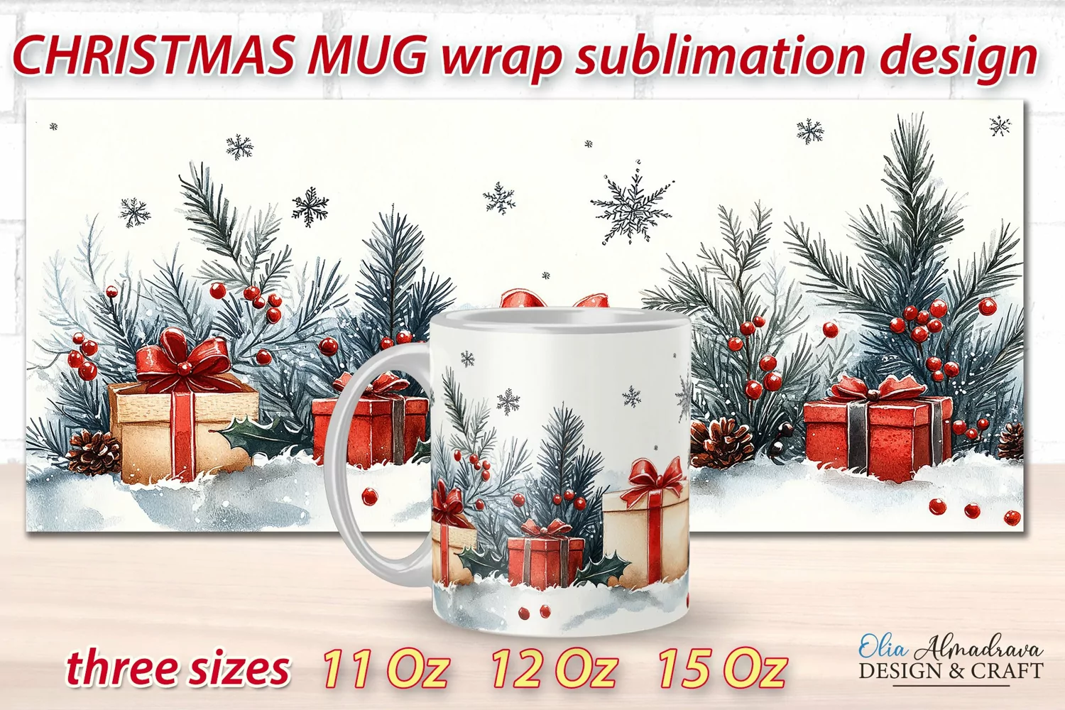 Beautiful festive Christmas wrap design for sublimation on 11Oz, 12Oz and 15Oz MUGS with cute watercolor patterns.