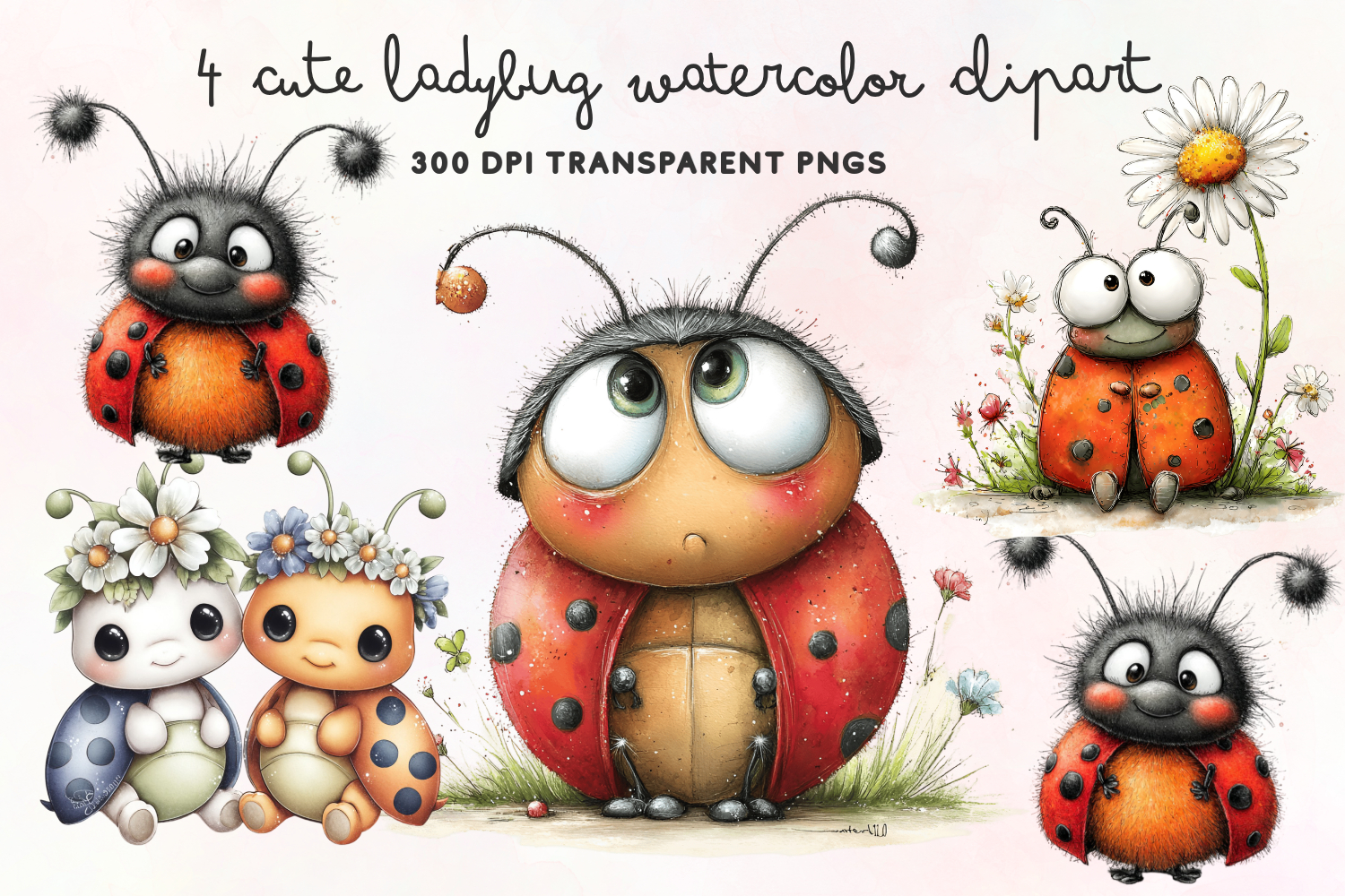 Cute Ladybug Watercolor Clipart PNG product image 1