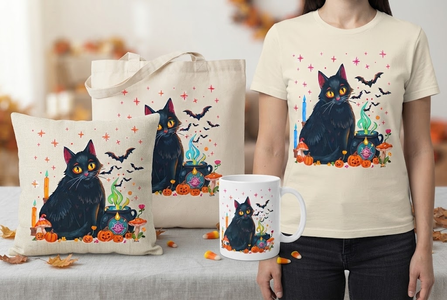 Halloween Black Cat PNG | Witchy Cat Pumpkin Cauldron Design product image 1