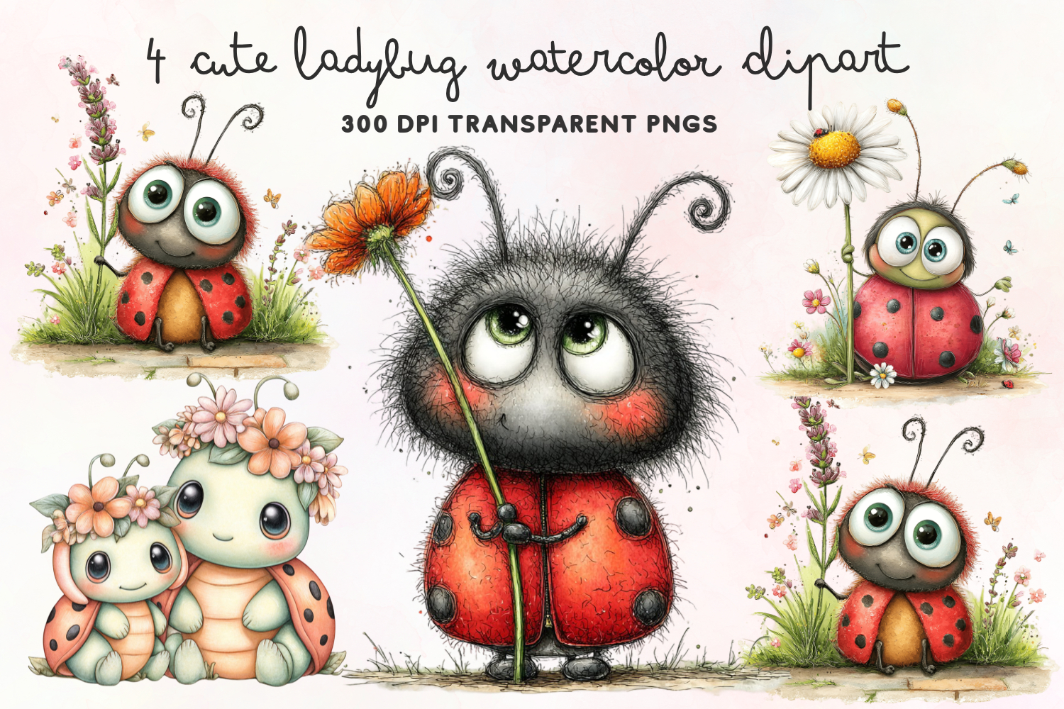 Cute Ladybug Watercolor Clipart PNG product image 1