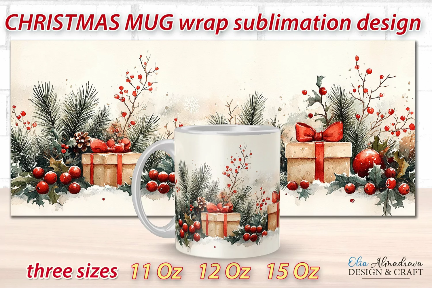 Beautiful festive Christmas wrap design for sublimation on 11Oz, 12Oz and 15Oz MUGS with cute watercolor patterns.