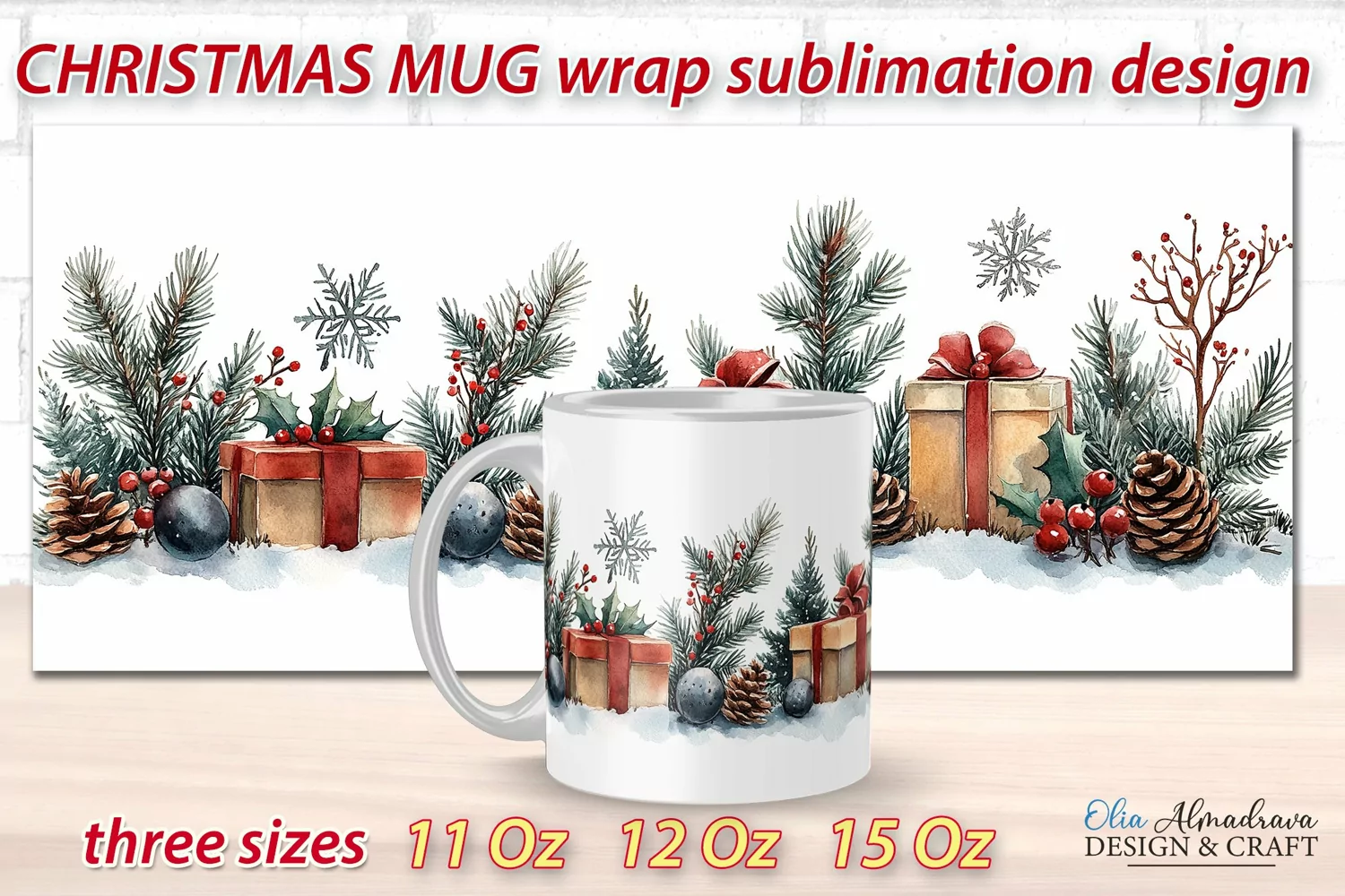 Beautiful festive Christmas wrap design for sublimation on 11Oz, 12Oz and 15Oz MUGS with cute watercolor patterns.