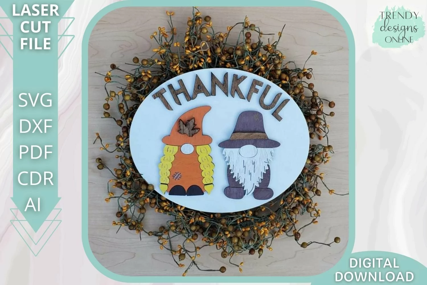 Thankful Fall Gnome door hanger Glowforge laser cut svg product image 1