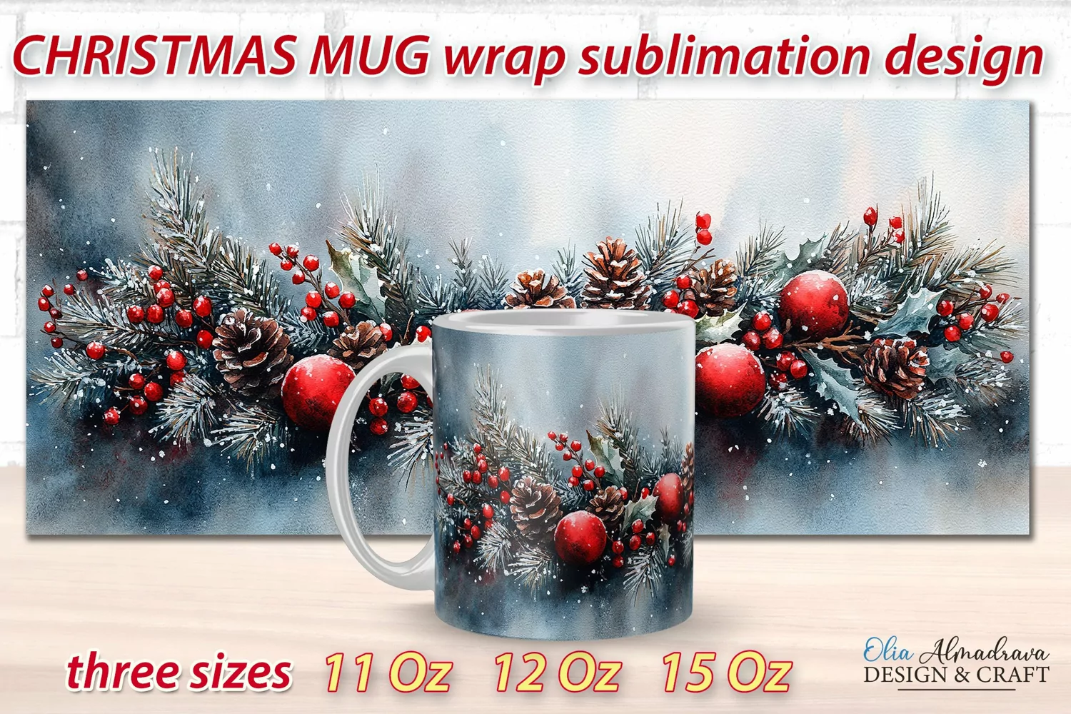 Beautiful festive Christmas wrap design for sublimation on 11Oz, 12Oz and 15Oz MUGS with cute watercolor patterns.