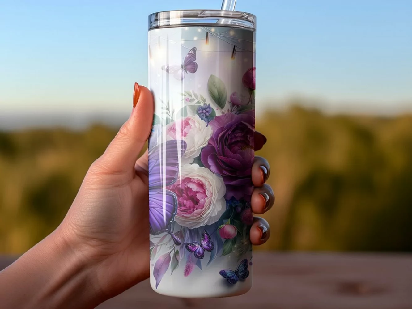 3 Photo Purple Butterfly Seamless Tumbler Sublimation Wrap product image 1